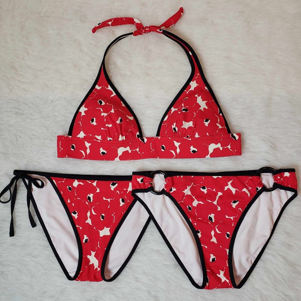 Victoria's Secret Red Floral Print Bikini Set with Black Trim